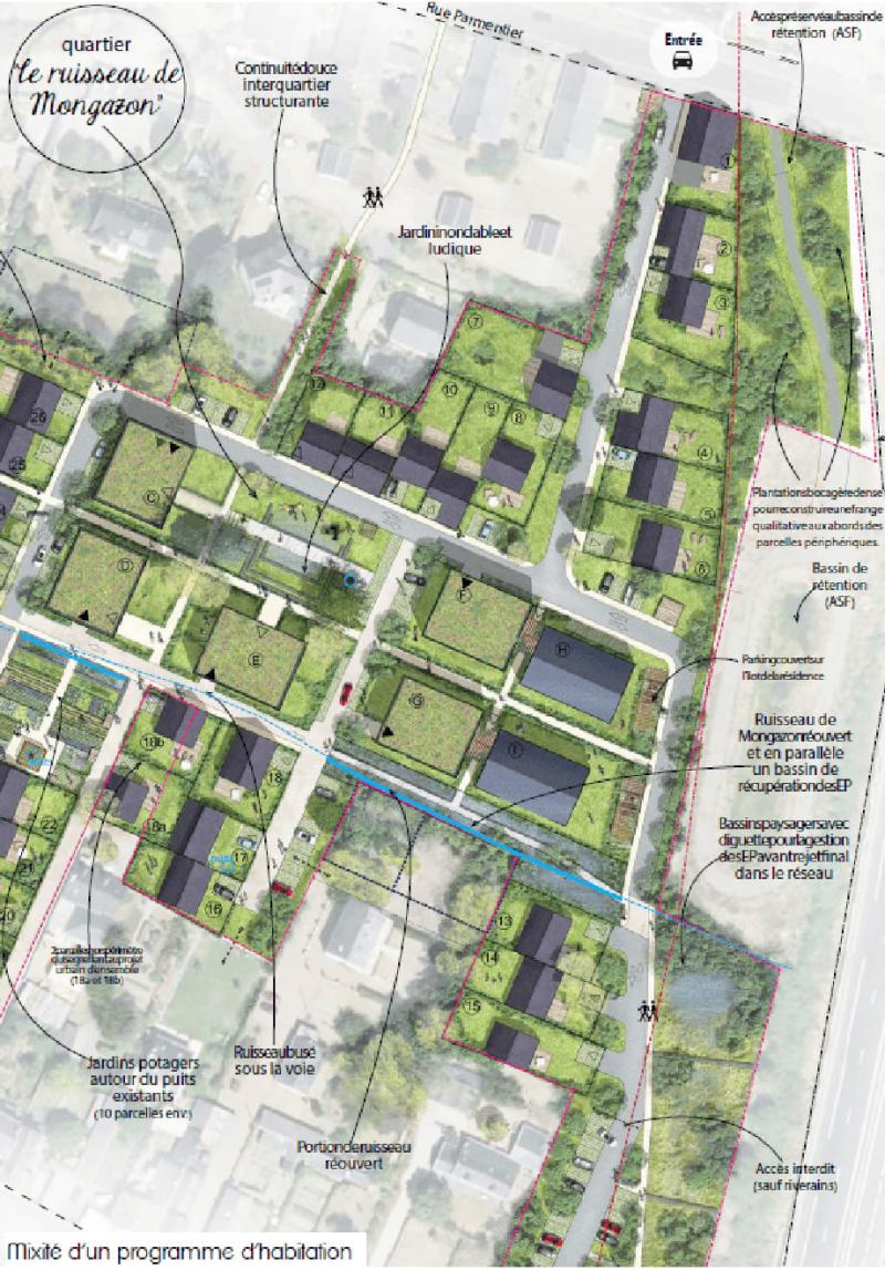 Densification urbaine en frange de la ville, avec le développement de liaisons douces et de placettes jardins – Angers (49) – 2020